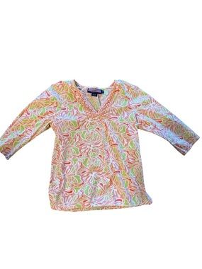 Vineyard Vines Printed 3/4-Sleeve Blouse with Crochet Detail Size Medium